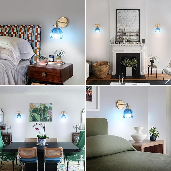 Vintage 5000 mAh Battery Operated Wall Sconce with Blue Clear Tulip Glass Lampshade Rechargeable Battery Powered Wall Light with Remote Control for Bedroom Doorway, Set of 2
