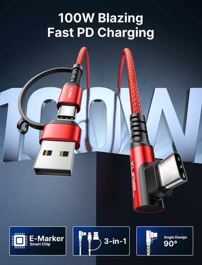 JSAUX 100W USB C Cable [2-Pack 10FT], Right Angle Fast Charging Cord with USB A to C Adapter for iPhone Air/iPhone 17/ iPhone 17 Pro/iPhone 17 Pro Max, iPhone 16/15, Samsung, MacBook, iPad - Red