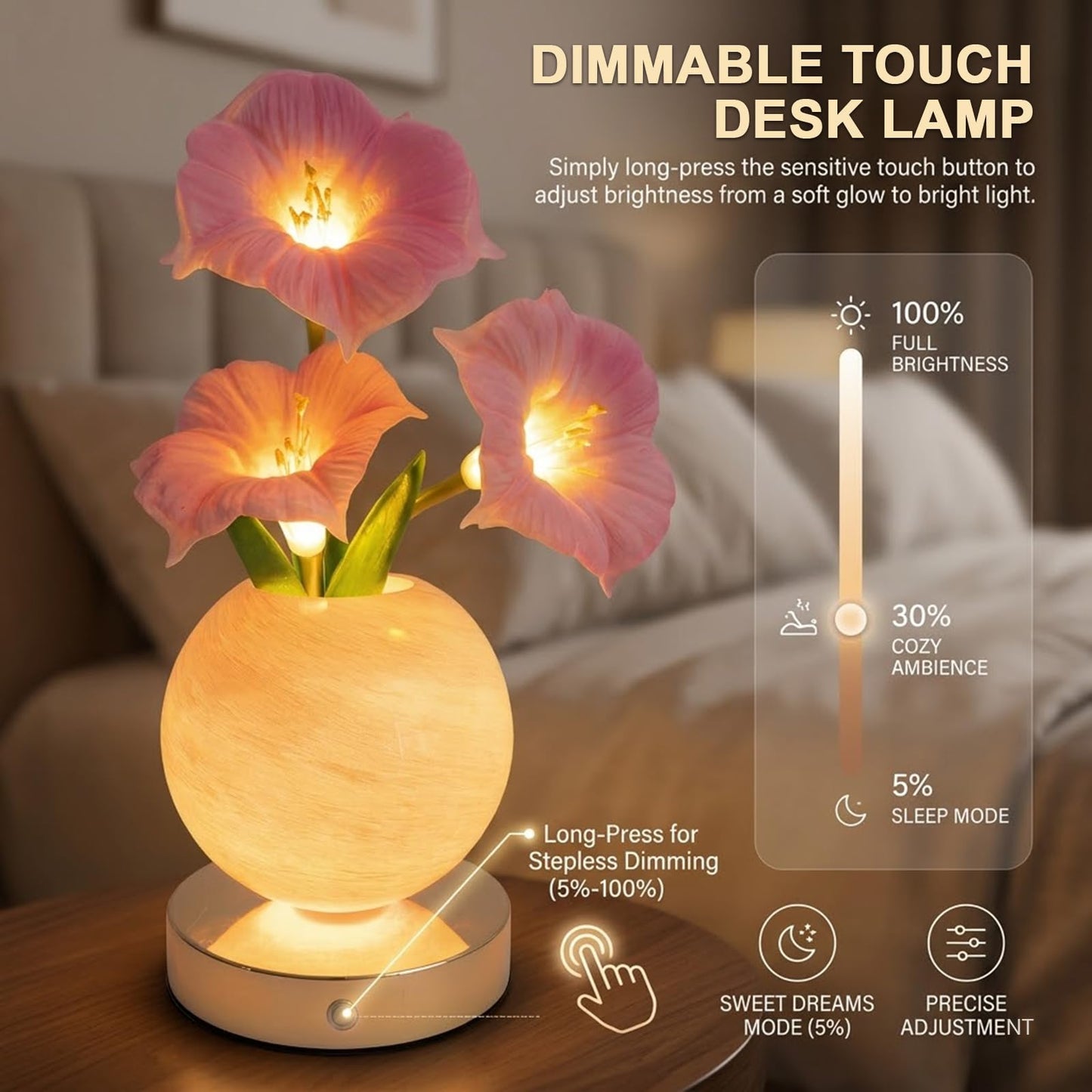Strackvial Flower Table Lamp, Rechargeable Cordless Touch Dimming Artificial Morning Glory Flower Desk Lamp, LED Flower Bedside Night Light Romantic Gifts for Girl Women Mom (Pink Morning Glory)