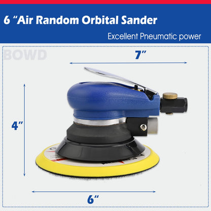 Bowd 6 Inch Air Random Orbital Sander, Pneumatic Palm Sander Tool with 10 Pcs Sandpapers for Auto Body Work