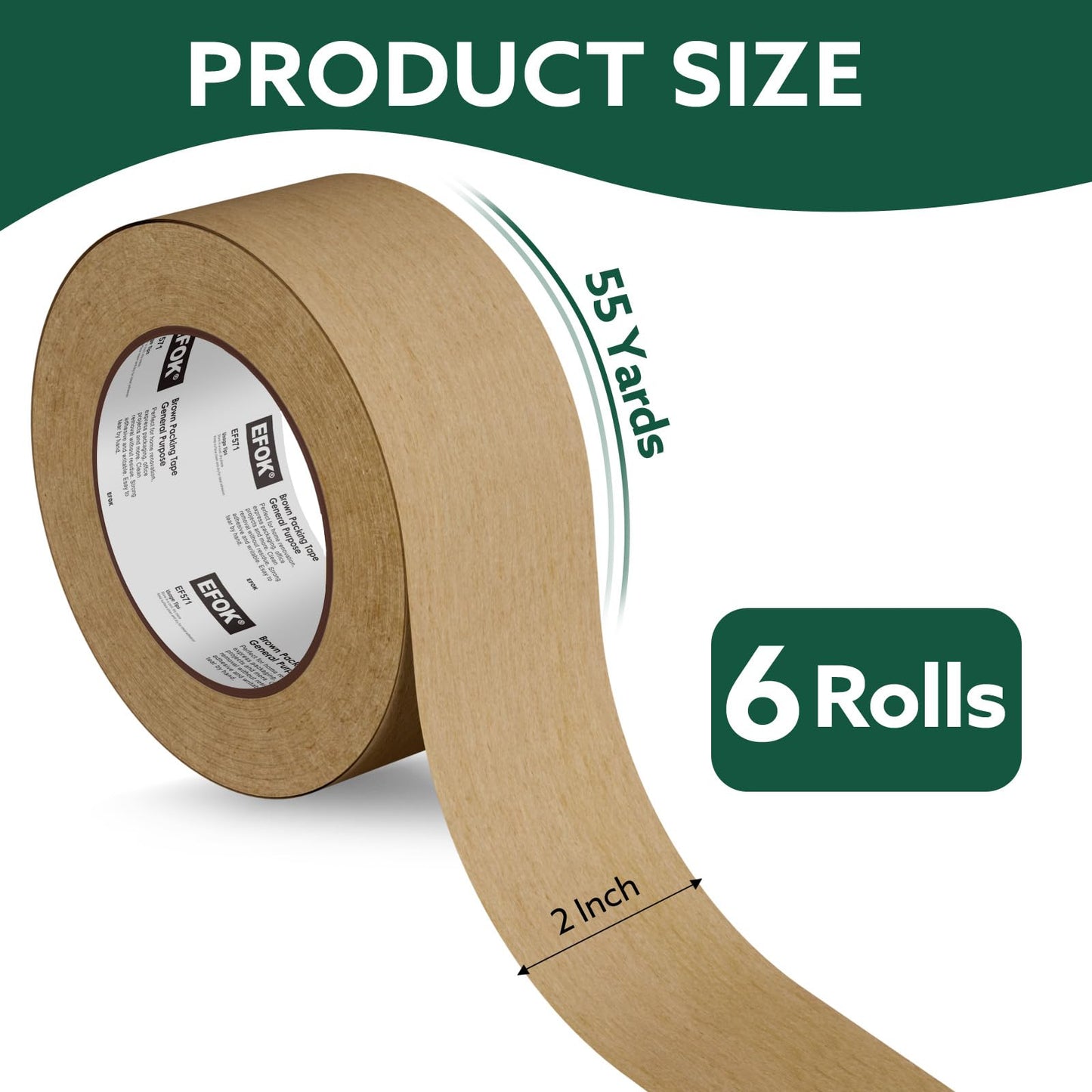 EFOK 6 Rolls Brown Packing Tape 2 Inch Bulk, 2025 Upgrade Kraft Paper Packaging Tape, 2 Inch x 55 Yards, Cardboard Shipping for Packing Boxes, Tear by Hand for Express Parcels & Office Use