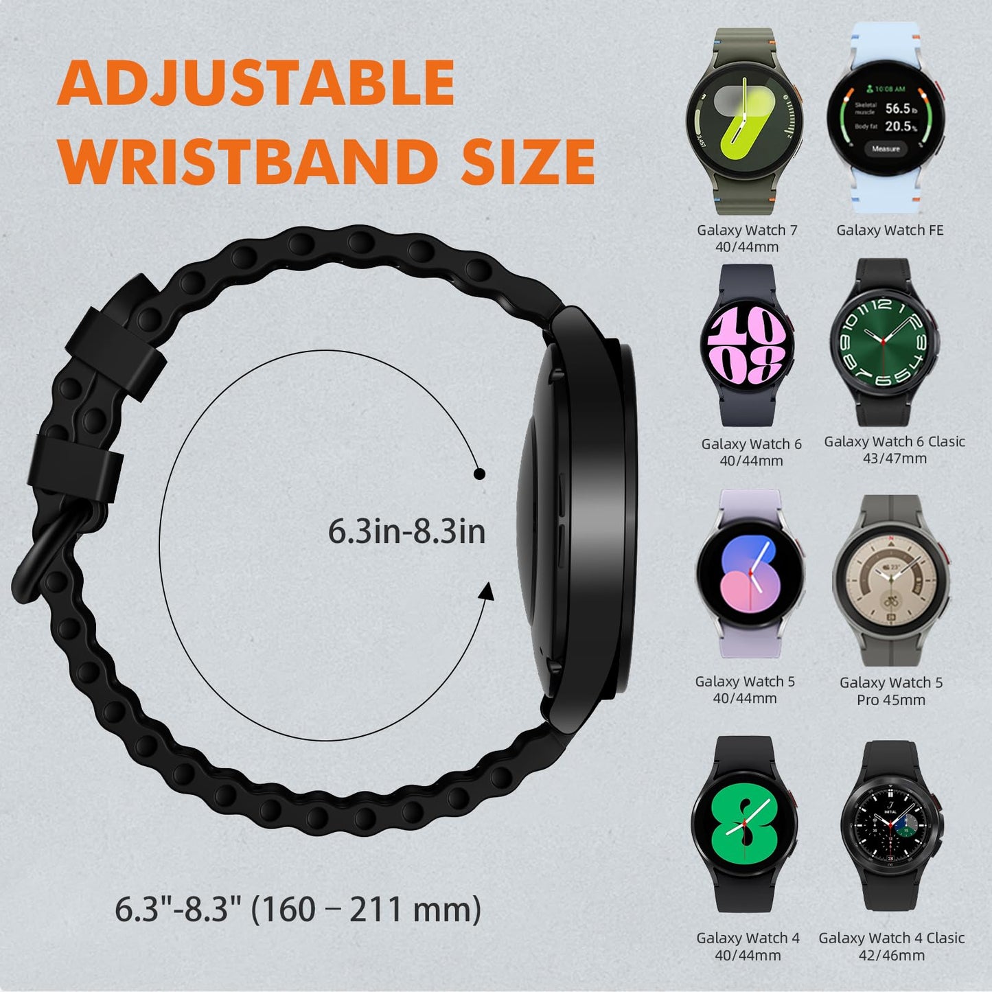 Sport Band for Samsung Galaxy Watch 7 5 4 6 FE 44mm 40mm/for Galaxy Watch 6/4 Classic 47mm 43mm 46mm 42mm/Watch 5 Pro 45mm, No Gap Breathable Soft Silicone Strap 20mm Replacement Men Women, Black