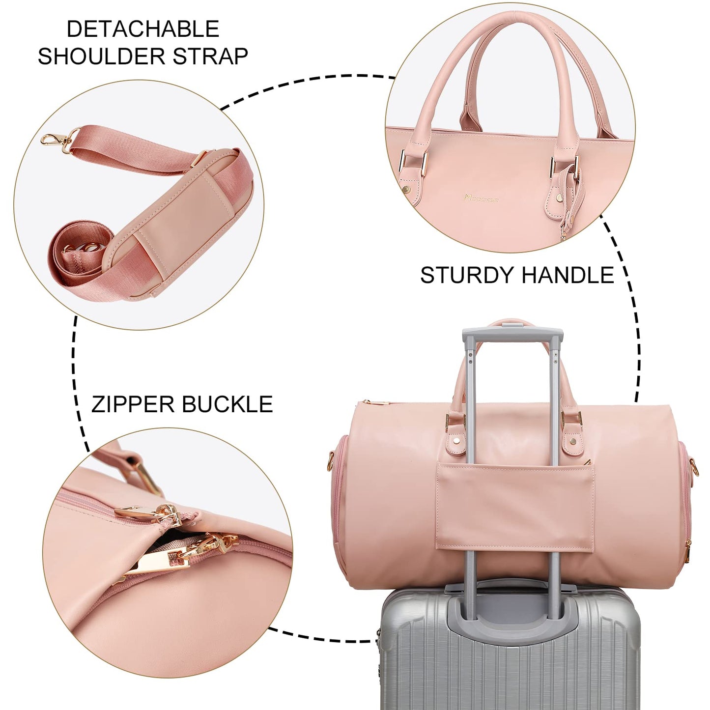 Modoker Women Convertible Leather Garment Bag with Shoulder Strap, Carry on Garment Duffel Bag - 2 in 1 Hanging Suitcase Suit Travel Bags Pink