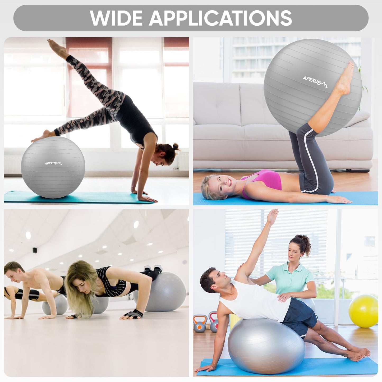APEXUP Yoga Ball, 660 lbs Anti-Burst Exercise Ball with Pump, 5 Sizes (M (19"~22) 55cm, Silver)