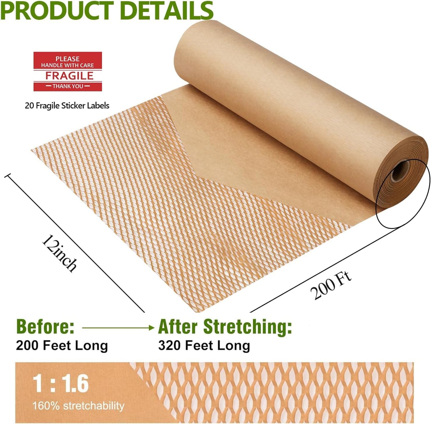 Honeycomb Packing Paper,12 inch x 200 ft Bubble Cushioning Wrap for Packing Moving,Products Gifts Wrapping Paper,Recyclable and Biodegradable Shipping Packing Materials with 20 Fragile Sticker Labels