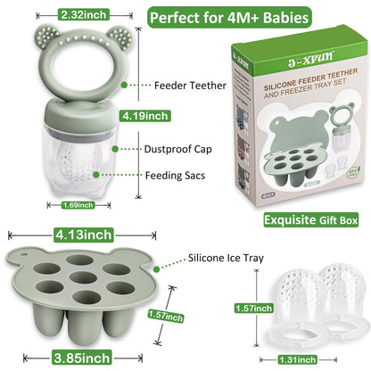Silicone Baby Fruit Food Feeder & Mini Freezer Nibble Tray, Breastmilk Popsicle Molds for Baby Teething Relief, BPA Free Silicone Teething Toys Feeder for Safe Infant Self Feeding, Extra Food Pouches