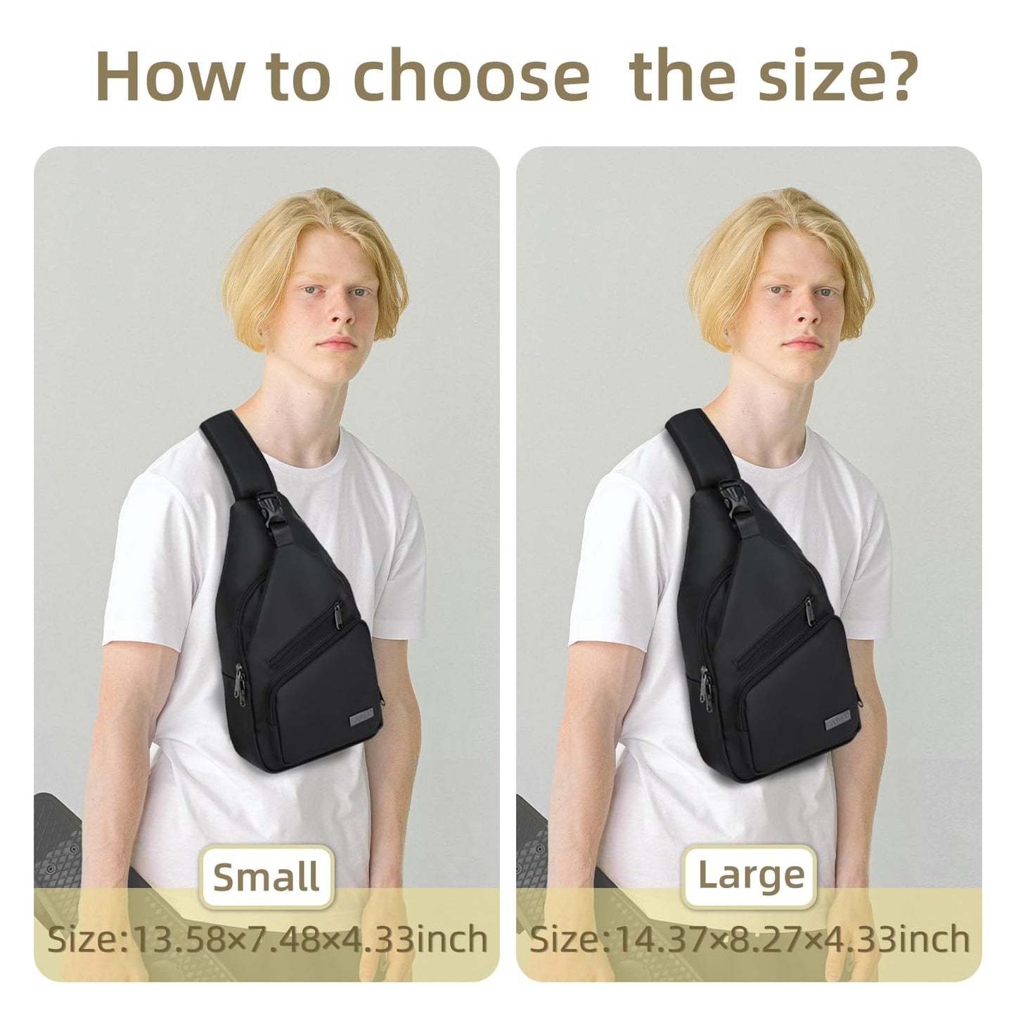 AMJ Crossbody Sling Bag Men Women, Casual Shoulder Backpack, Chest Daypack Satchel for Hiking Travel (Black Leather, Small)