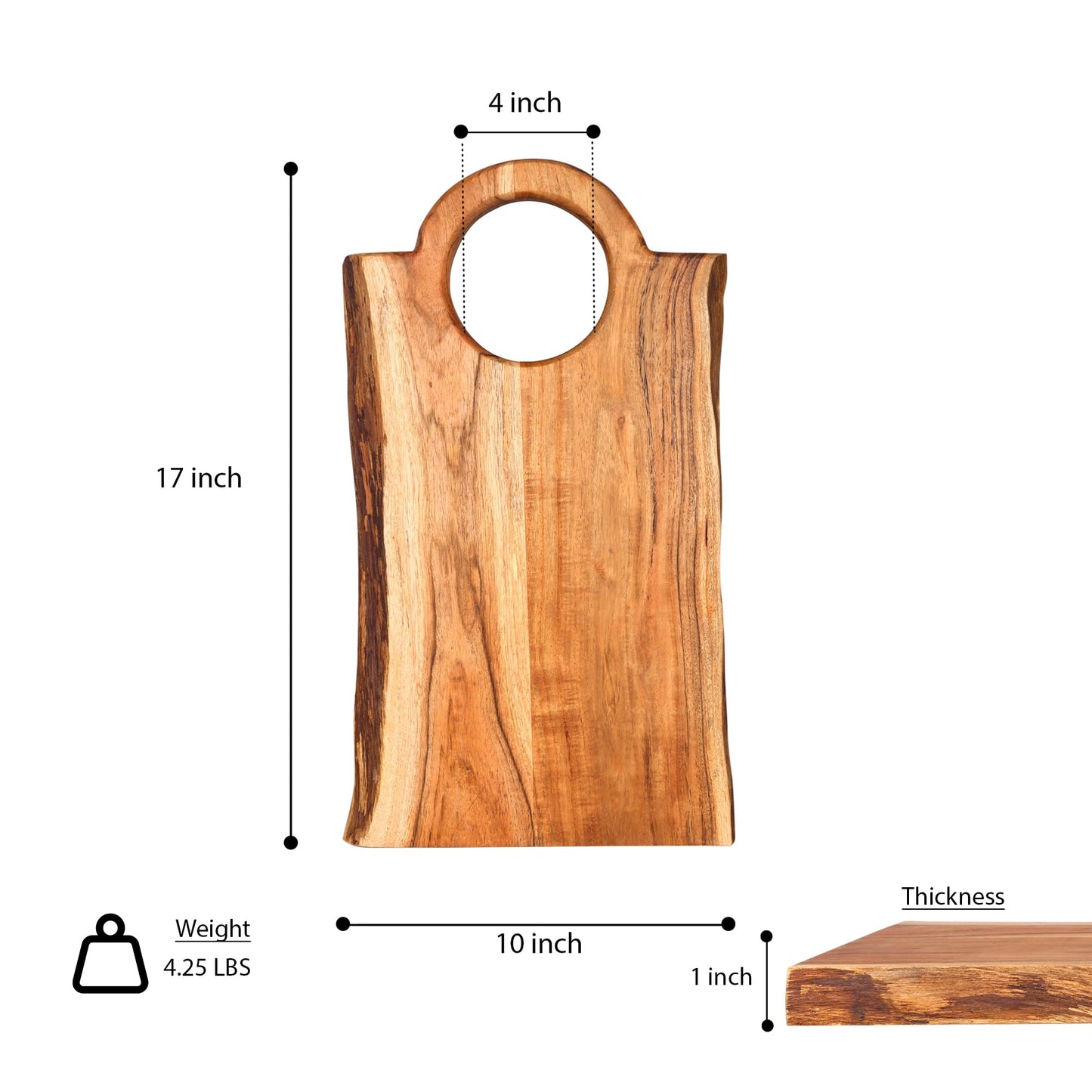 GoCraft Acacia Wood Live Edge Cutting Board – 17 x 10 Inch – with Internal Round Handle | Rustic Rectangular Charcuterie Board | Cheese Serving Tray | Wooden Chopping Block | Kitchen Cutting Platter