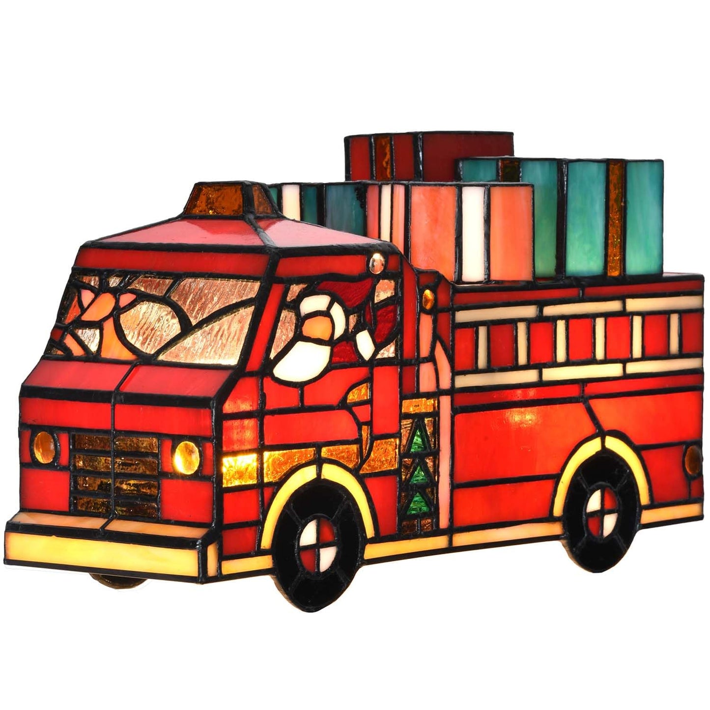 Bieye L12009 Tiffany Style Stained Glass Christmas Fire Truck Table Lamp with Santa, Reindeer, and Gifts, Handmade Holiday Decoration, 12" Wide