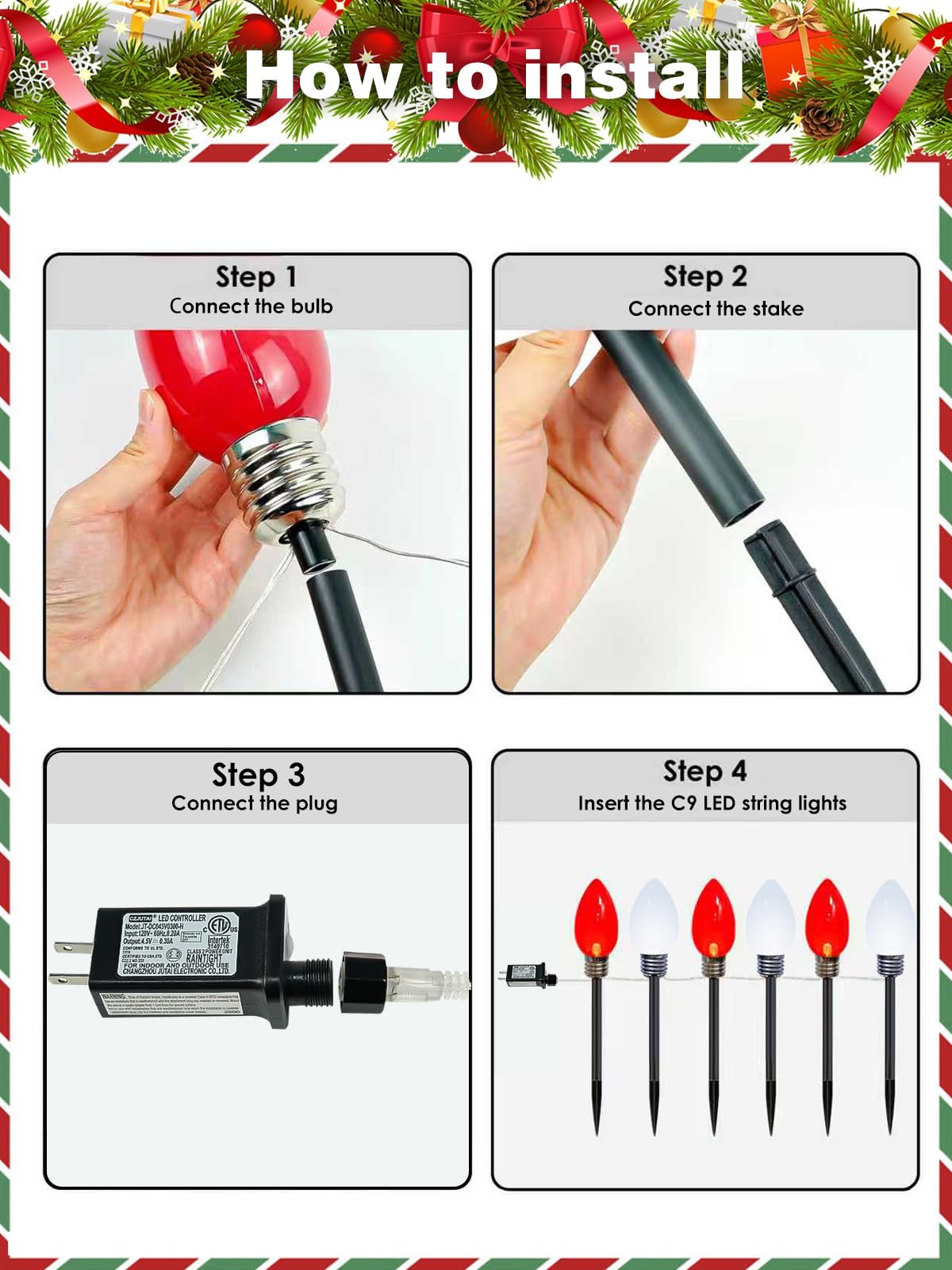 6 Pack Large C9 Christmas Decorations Outdoor, Waterproof C9 Christmas Lights Plug in with 2 Modes and Timer, Pathway Lights for Party Indoor Yard Patio Walkway Garden Xmas Decoration (Red and White)