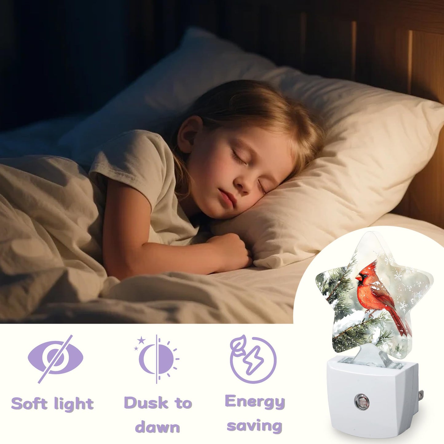 Cardinal Bird Decorative Nightlight Plug in Wall,Christmas Star Shaped Night Light with Built in Sensor for Home Decor,Kitchen Hallway Stairs Desk Lamp