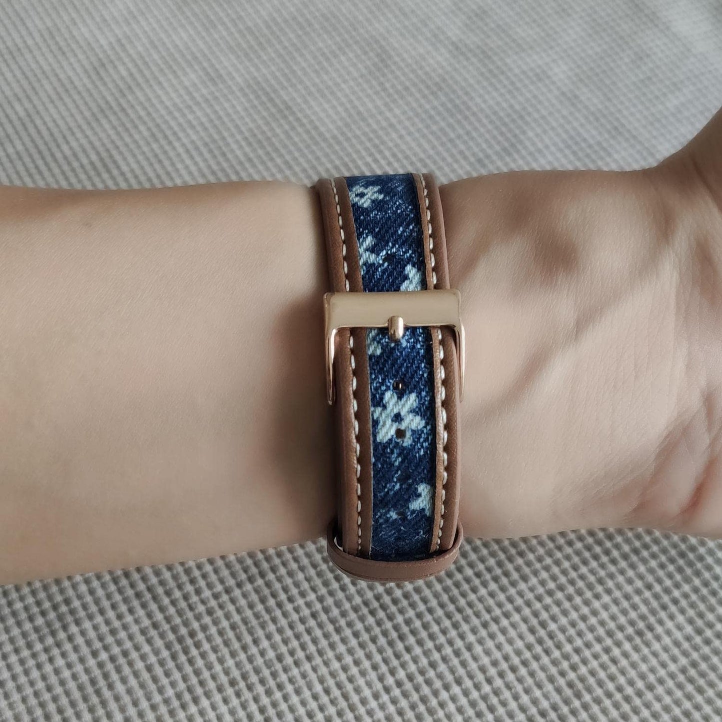 Abanen Denim Leather Watch Band for Samsung Galaxy Watch 4 / Galaxy Watch 5, 20mm Canvas Fabric Strap with Soft PU Leather Lining Wristband for Galaxy Watch 4 Classic 42mm / 46mm (Brown-Blue)