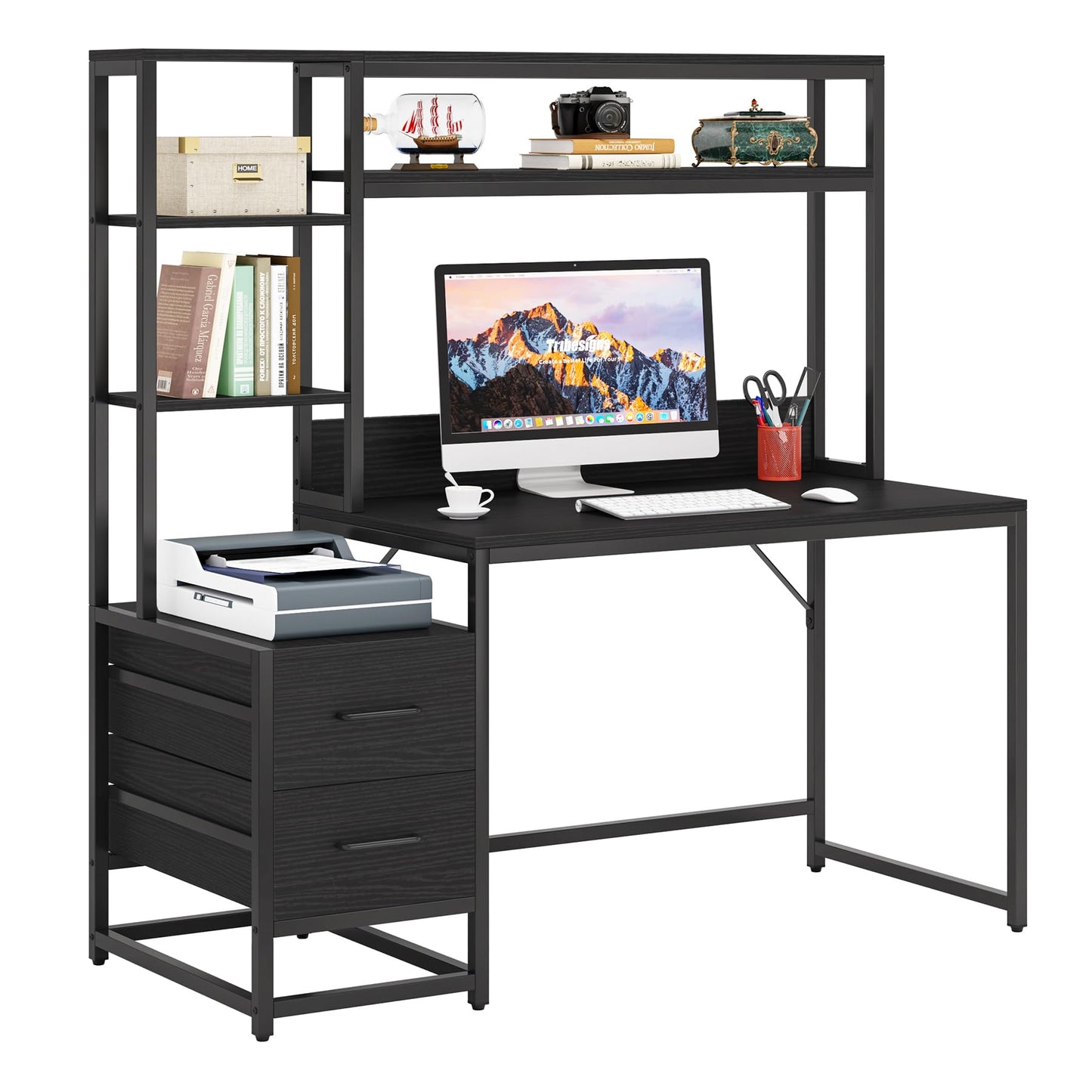 Tribesigns 55 Inch Computer Desk with 2 Drawers and Storage Shelves, Rustic Office Desk with Hutch, Study Writing Gaming Table Laptop Workstation for Home Office (Black)