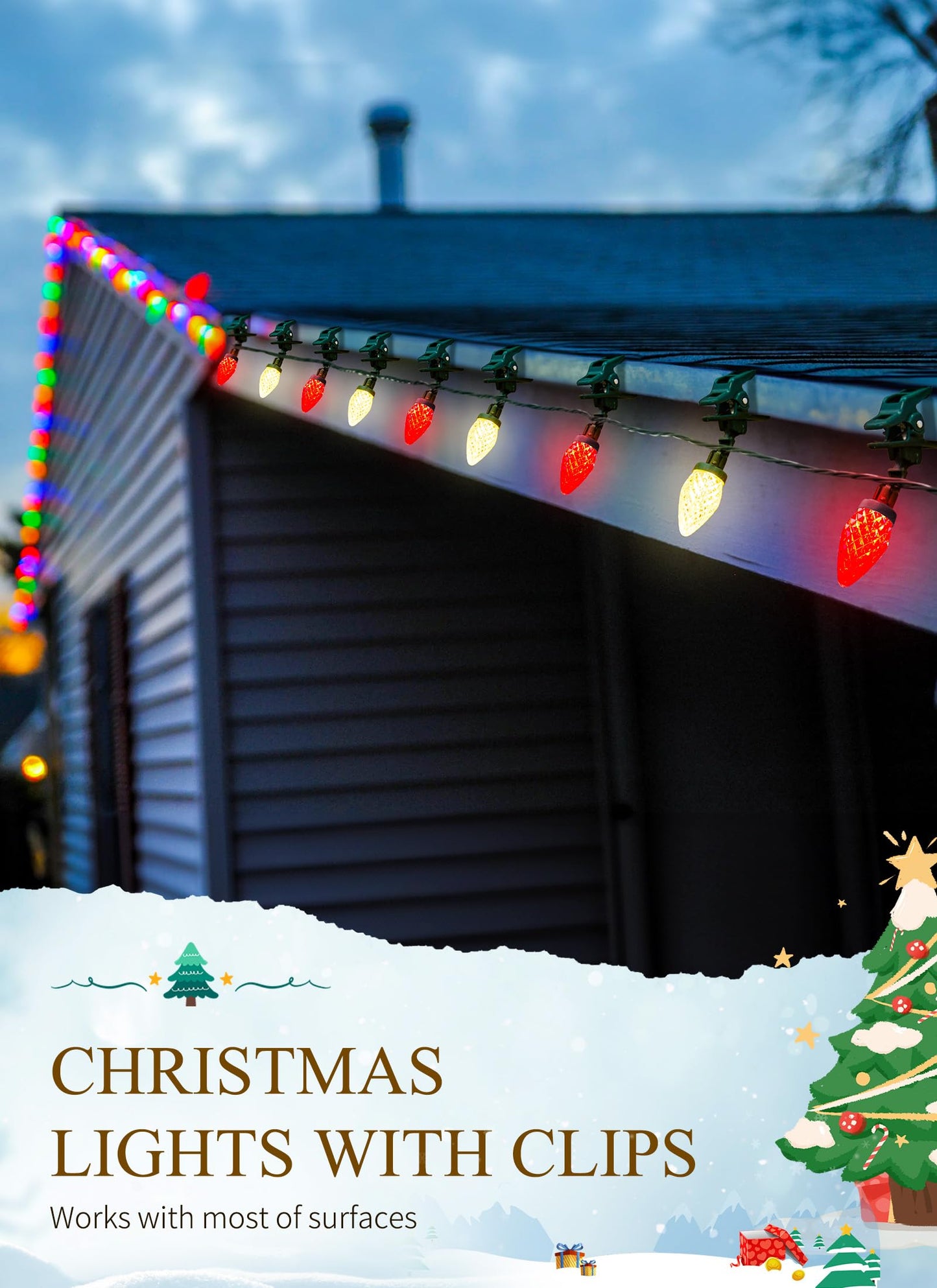 C9 LED Christmas Lights Outdoor, 68 Ft 100 LED Strawberry String Lights With 100 Spring Clamps, Waterproof Commercial Grade Extendable for Outside Roofline Patio Home Xmas Decoration, Red & Warm White