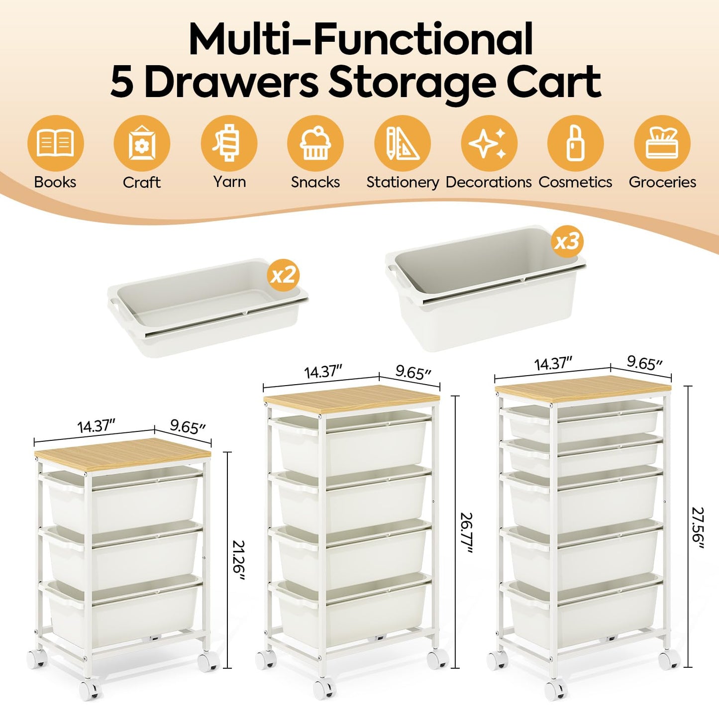 Rolling Storage Cart with 5 Drawers, Craft Organizer, Wooden Tabletop Utility Cart for Bedroom, Children's Room and Office Organization, Table Side Trolley with Lockable Wheels, White