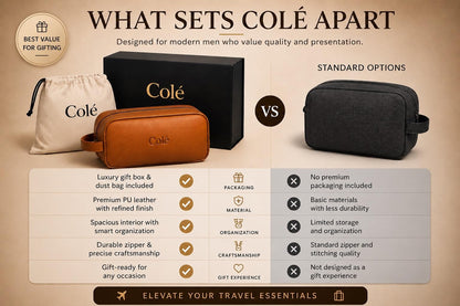 Colé Premium Travel Toiletry Bag Water Resistant, PU Leather, Gift Box, Dust Bag Included.