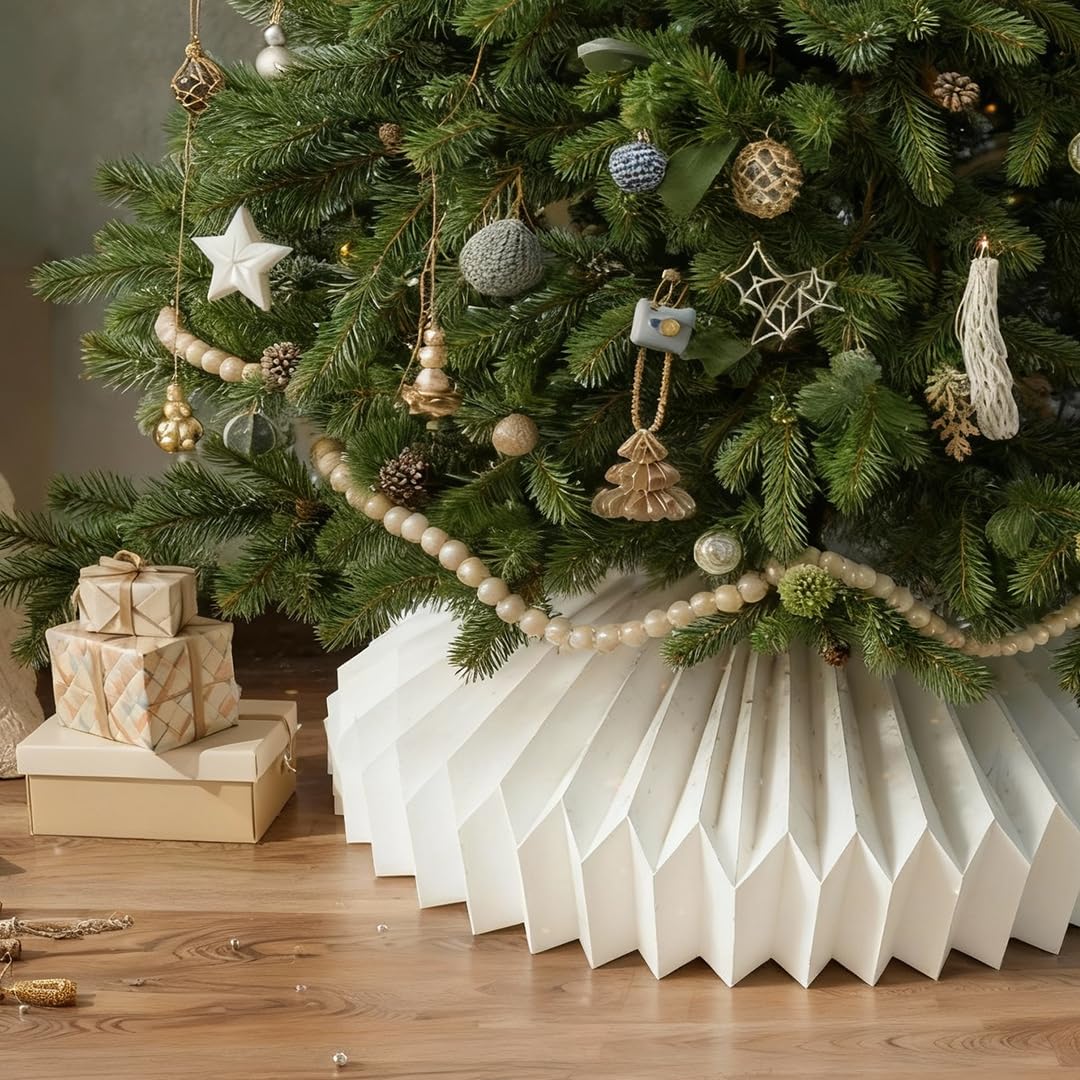 JOICEE Honeycomb Christmas Tree Collar,Foldable Paper Christmas Tree Ring Modern Tree Base Cover Basket Skirt Collars for Artificial Trees Christmas Holiday Home Decoration(White)