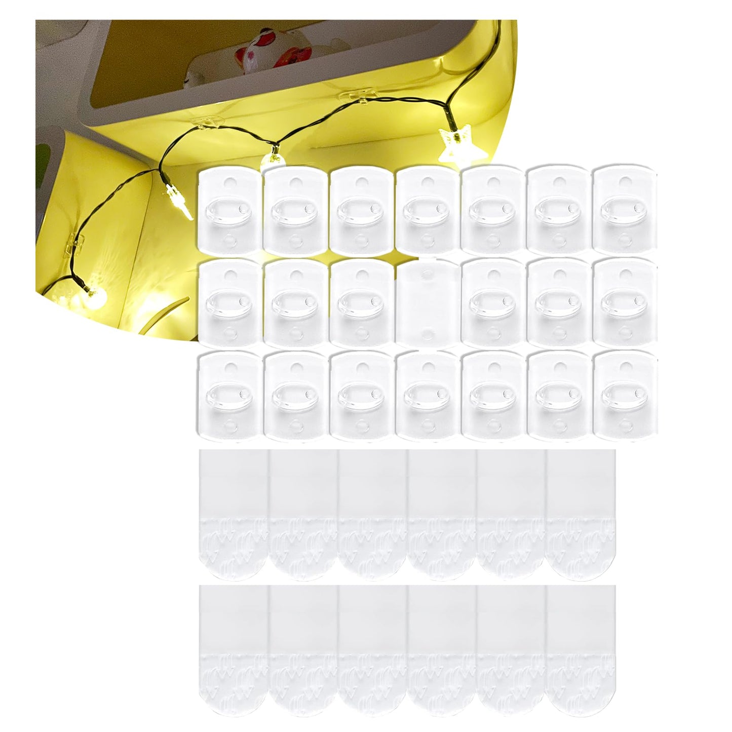 Karsbarwe 120 Clear Mini Light Clips with 132 Adhesive Strips, Small Removable Wall Hooks No Damage, Transparent Wire Hooks for Christmas String Lights, Indoor Holiday Decorations, Cables and Cords