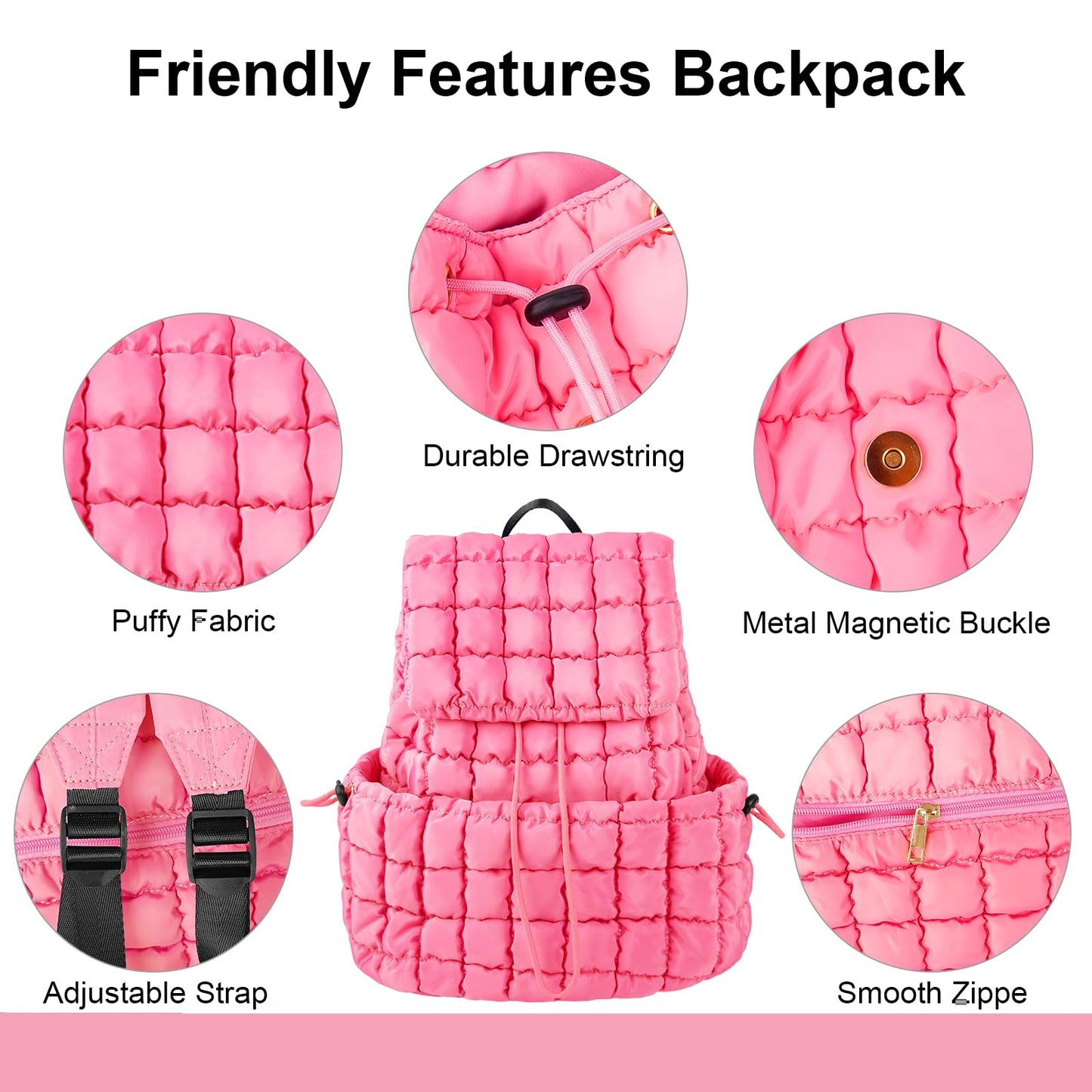 XSUIOY Quilted Backpack Purse for Women Small Lightweight Puffer Puffy College Laptop Backpack Nylon Casual Bookbag Daypack Top Flap Drawstring Padding Hiker Travel Gym Backpack(Pink)