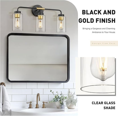 zeyu 3-Light Farmhouse Vanity Lights for Bathroom, 21 Inch Industrial Bath Wall Light Fixtures with Clear Glass Shade, Black and Gold Finish, ZS62B-3W BK+BG