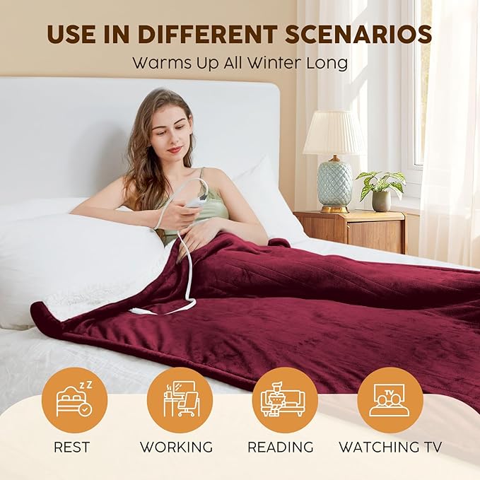 HYLEORY Heated Electric Blanket Full 72"x84" Soft Fleece & Flannel with 5 Heating Levels & 10 Hours Timer Auto Shutt Off, ETL Certified, Washable，Heated Blanket for Body-Red