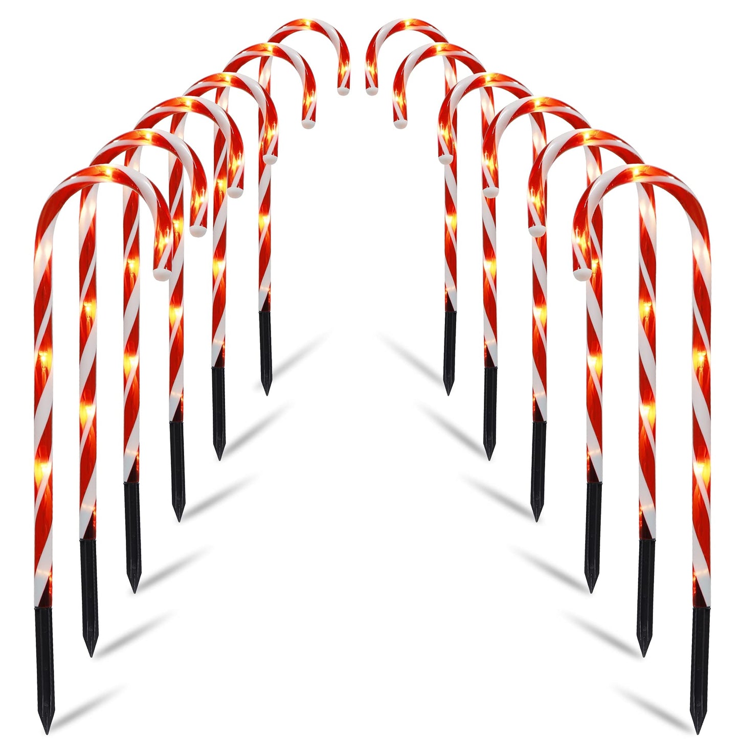 Biswing Christmas Outdoor Candy Cane Lights, 12 Pcs Christmas Pathway Markers with 72 Count Warm White Lights, Connectable for Indoor Outdoor Holiday Walkway Patio Garden Ornament