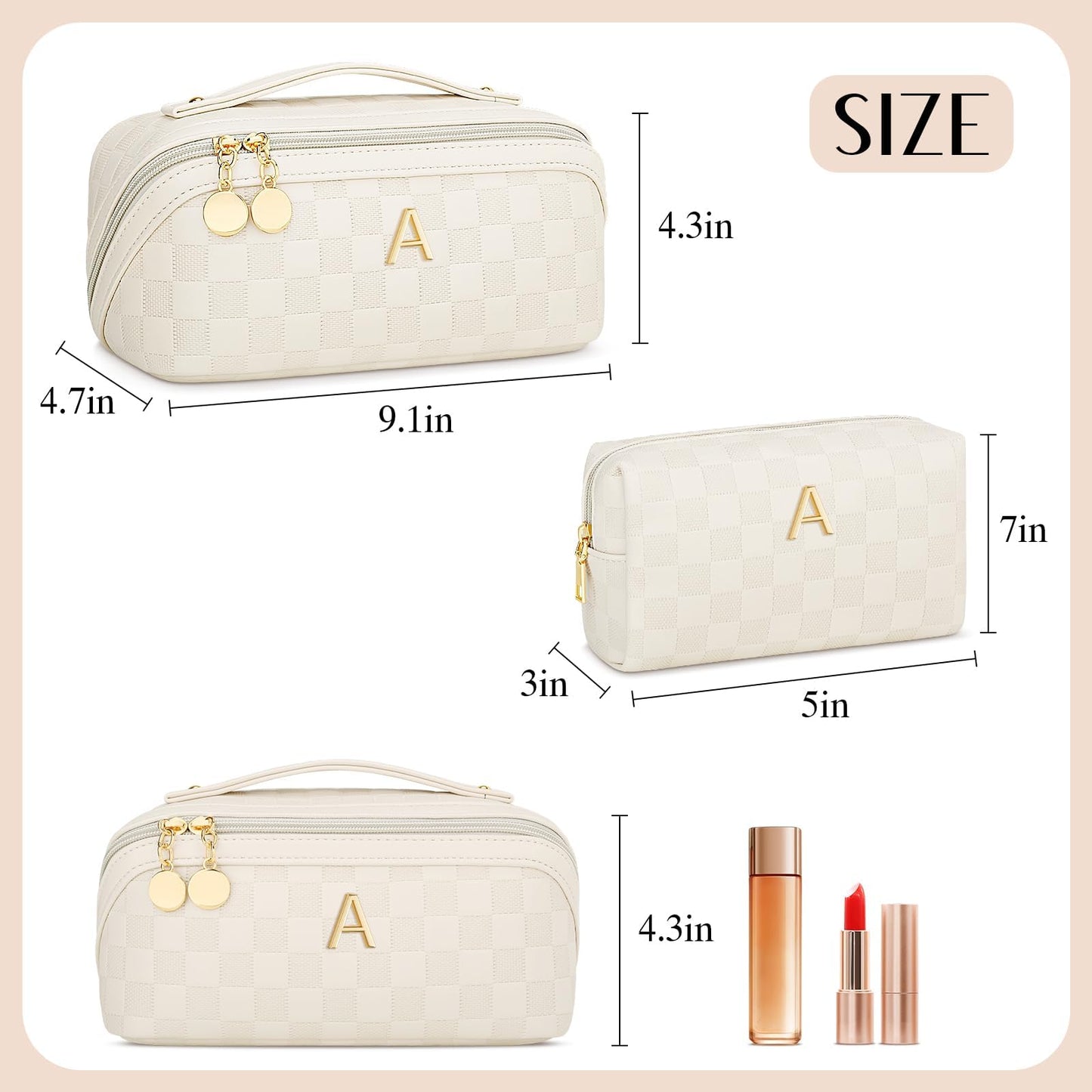 CLOUDWINGS Personalized Birthday Gifts for Women - Initial Makeup Bag Waterproof Travel Makeup Organizer with Compartments PU Leather Cosmetic Travel Toiletry Bag (CheckeredBeige,A)