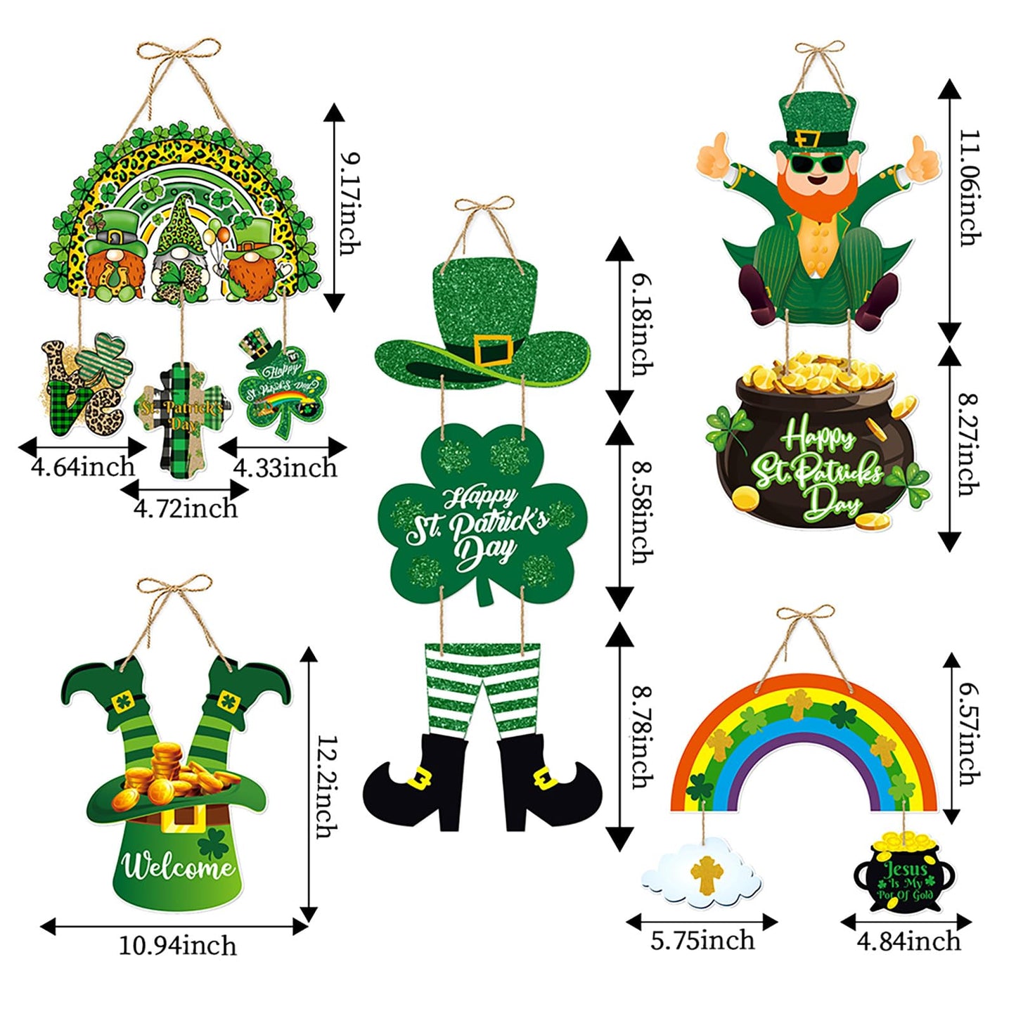 St-Patricks Day Decorations Front-Door Hanger-Decor - 5pcs Green Saint St. Patrick'S Shamrock Hat Party Paper Signs Banner, Irish Home Birthday Anniversary Wall Hanging Garland Lasting Surprise