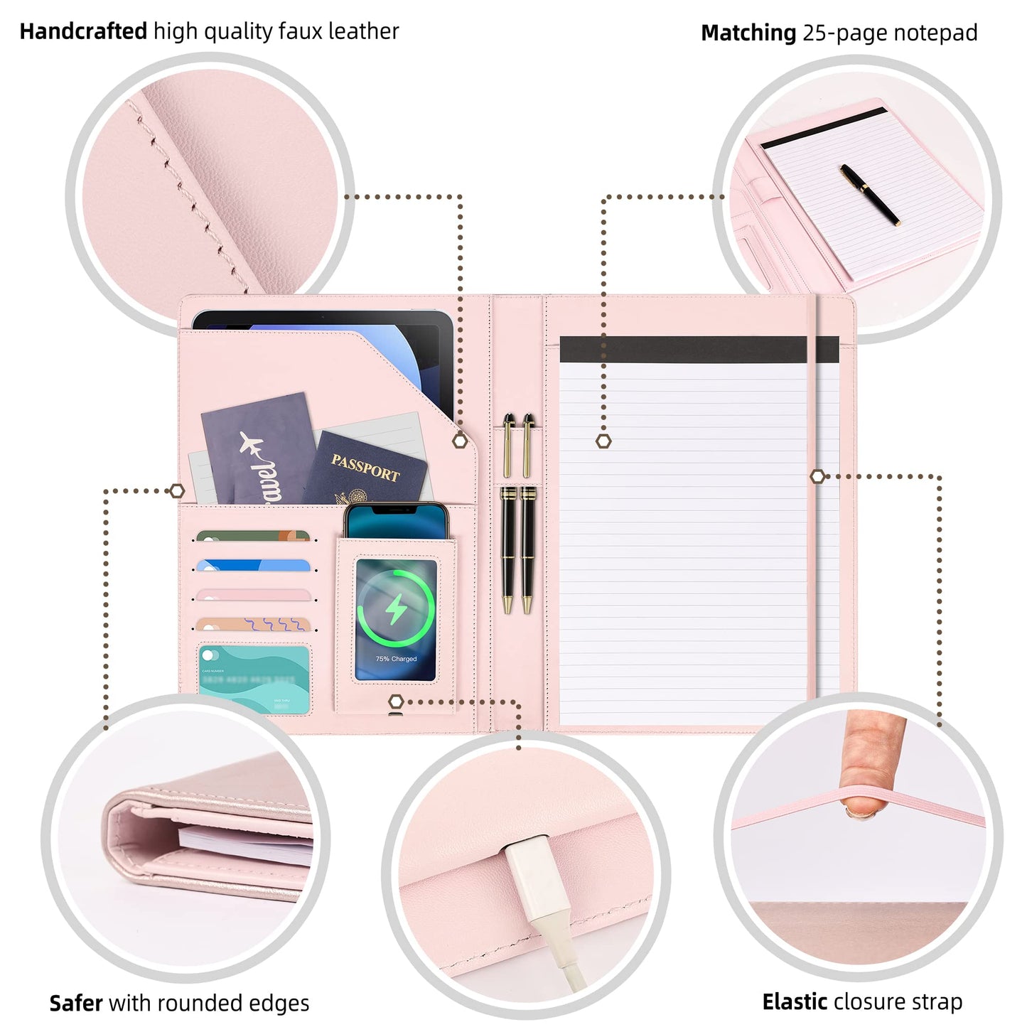 Leather Portfolio Organizer Women Clipboard with Storage Pink Clip Board for Notepad,Phone,Cards