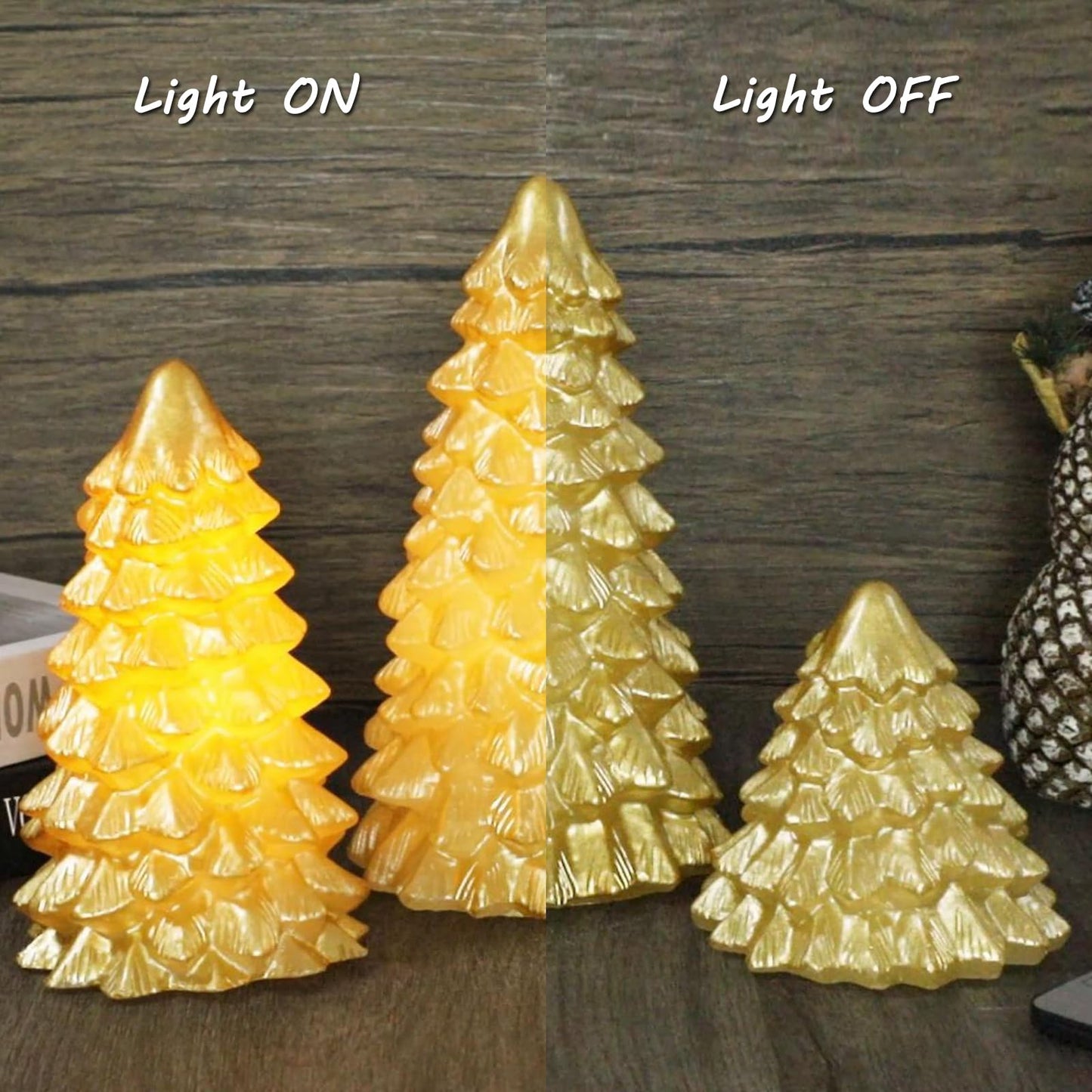 FLAVCHARM Gold Christmas Tree Flameless Candles with Remote Battery Operated Flickering LED Tabletop Lighted Xmas Tree Figurines for Fireplace Home Decor Indoor Holiday Christmas Gifts