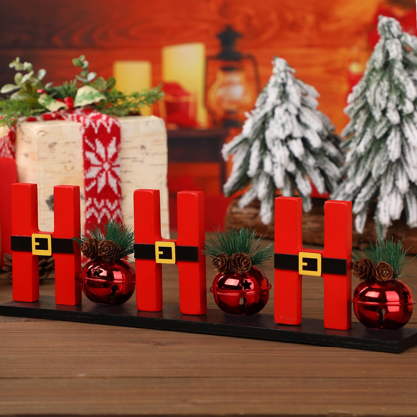 AceOrbit Christmas Table Decorations 13.7 Inches Hohoho Sign with Red Glitter Bells, 3D Christmas Letters Wood Freestanding Tabletop Centerpiece Santa Claus Design for Home Xmas Holiday Decor
