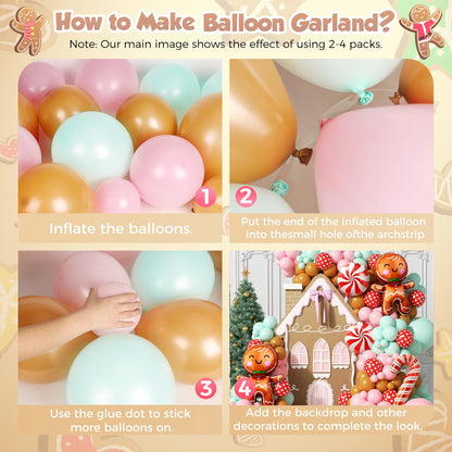 PTGOLUO 160Pcs Christmas Balloon Arch Garland Kit Xmas Pastel Pink Green Brown Latex Balloons Gingerbread Man Candy Cane Foil Balloons Arch Kit for Christmas New Year Party Birthday Party Decorations