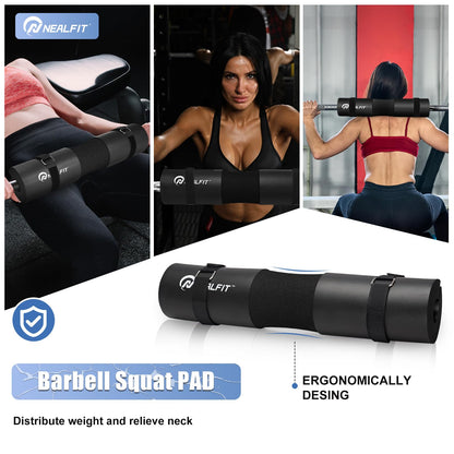 NEALFIT Barbell Pad Set for Squat & Hip Thrust - Extra Thick High Density Neck & Shoulder Support Cushion - Olympic Bar Pad for Weightlifting, Gym, Home Workouts (Black)