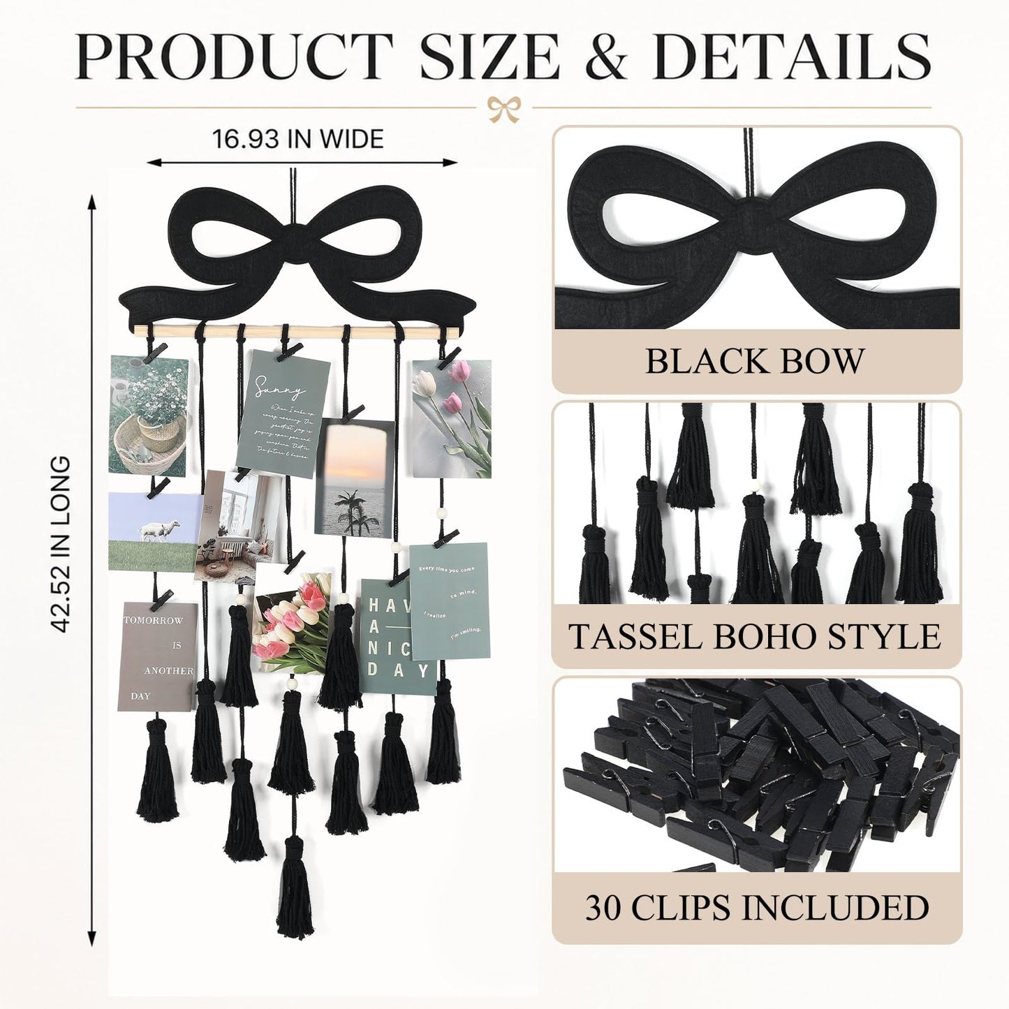 Fiwochic Black Bow Hanging Photo Display Wall Decor Black Macrame Wall Hanging Coquette Picture Frame Collage Holder with 30 Clips for Room Bedroom Graduation Wedding Christmas Coquette Party Decor