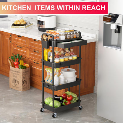 Goovilla 3 Tier Rolling Utility Cart Organizer with Removable Drawer, Stable and Sturdy Black Rolling Storage Carts with 2 Lockable Wheels for Bathroom, Kitchen, Snack, Craft, Makeup, Baby Essentials