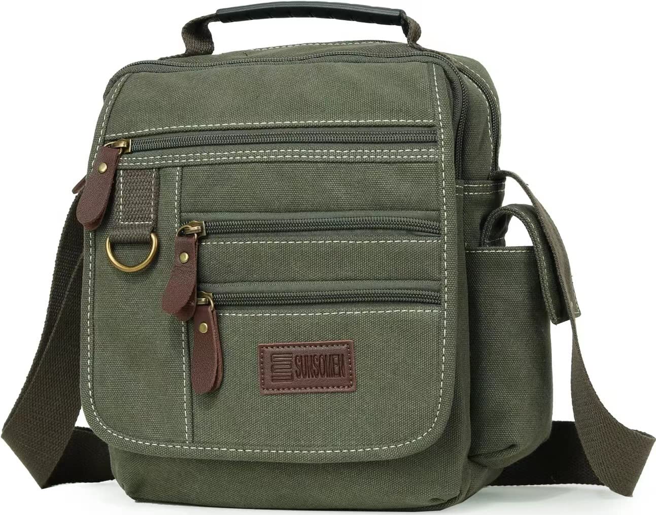 SUNSOMEN Mens bag Canvas Shoulder Bag Small Messenger Crossbody Work Bag Vintage Multi-function(Army green)