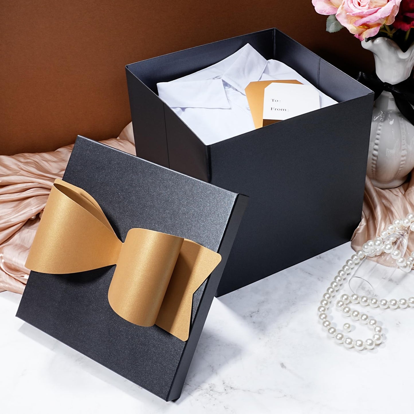 LaRibbons Large Gift Boxes with Lids, 10x10x10 Inches Black Square Foldable Gift Boxes for Birthday, Wedding, Christmas, Baby Shower, Party, All Occasion