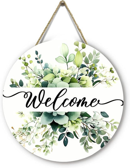 Spring Summer Welcome Door Sign Green Eucalyptus Leaf Wooden Door Hanger Floral Leaves Front Door Hanging Sign for Outdoor Home Farmhouse Porch Sign Decor