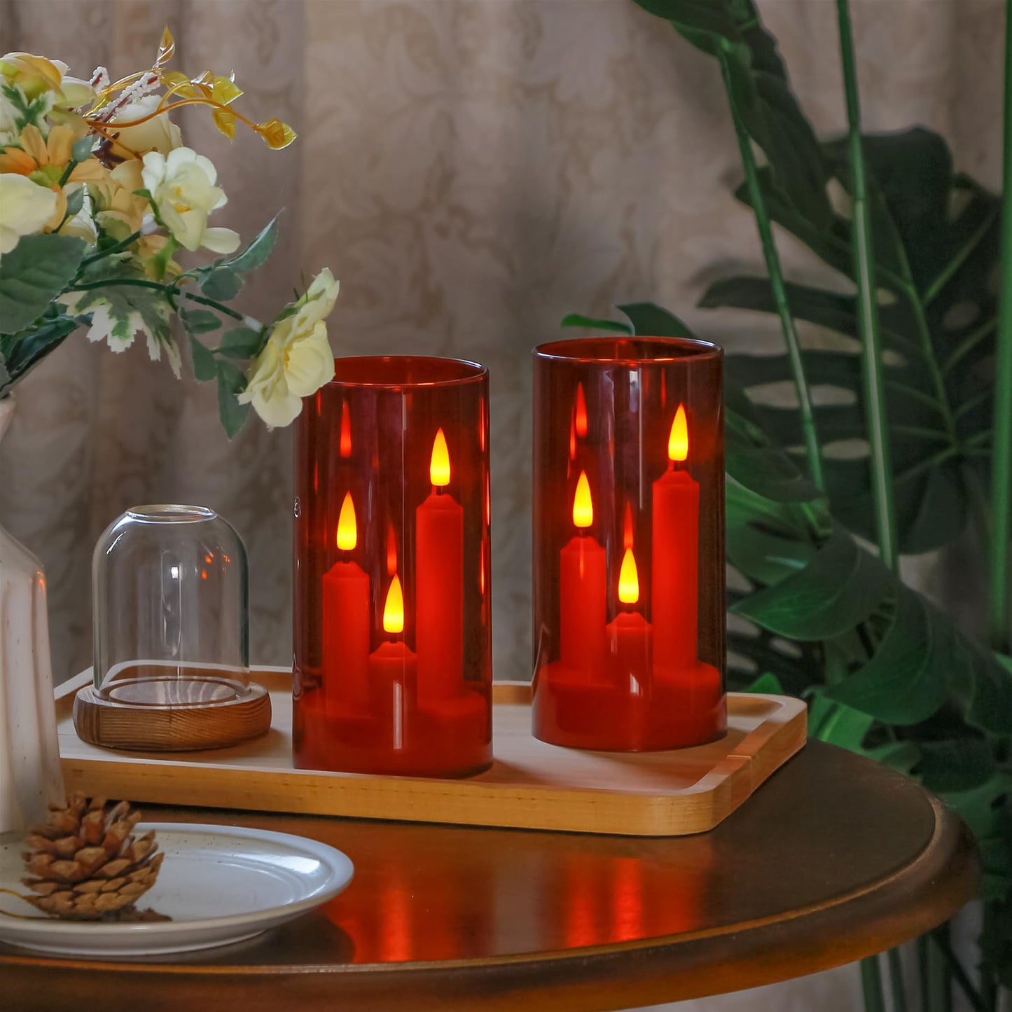 Zevanor 3 in 1 Flameless Taper Short Candles with 10 Key Remote Control and Timer, Battery Operated Pack of 2 LED Acrylic 3" x6" Red Pillar Flickering Warm Light