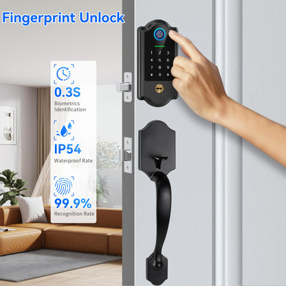 Smart Fingerprint Door Lock for Front Door – Keyless Entry Deadbolt with Handle Set, Digital Keypad, App Control, Auto Lock, Easy Install, Matte Black