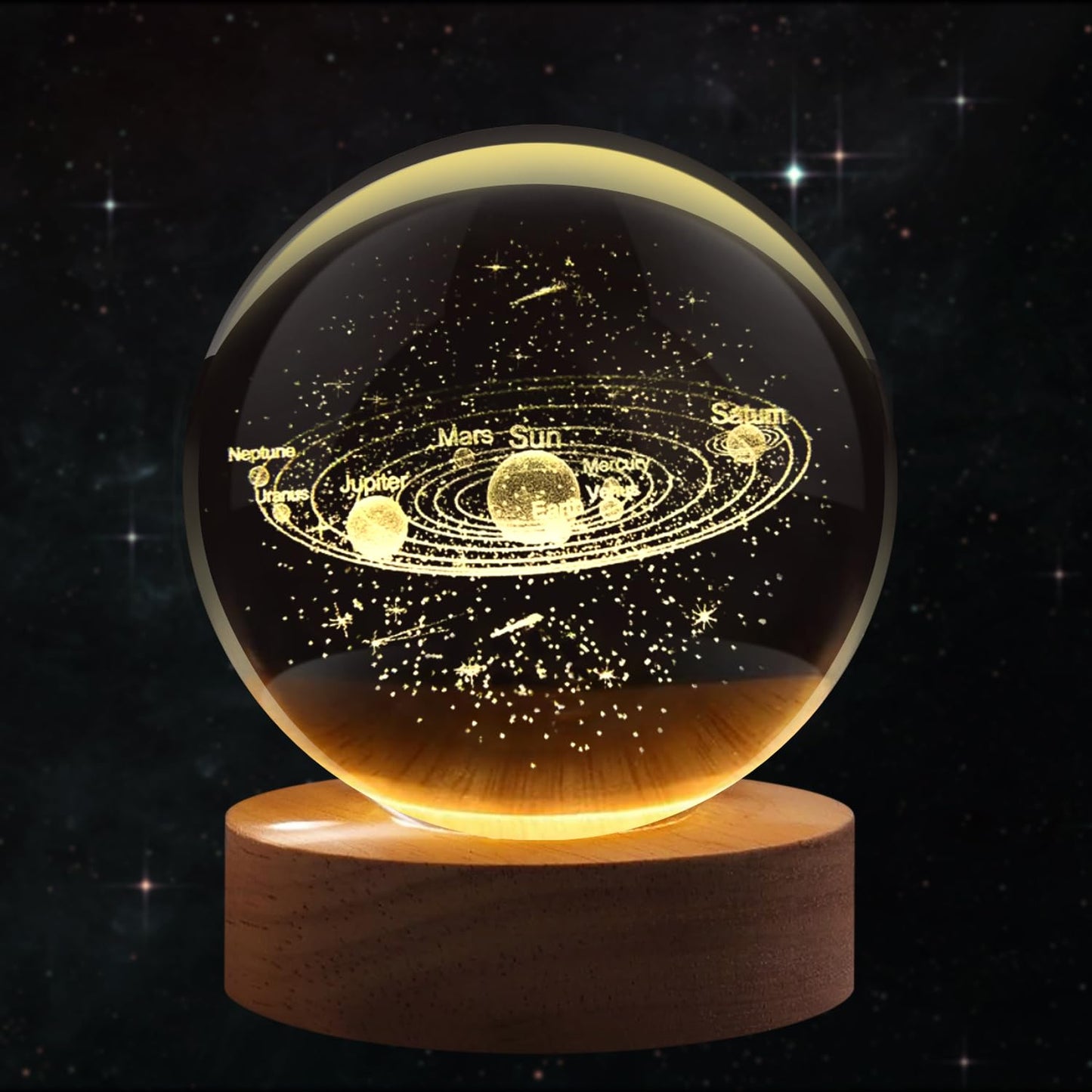 Flexzion 3D Solar System Crystal Ball Night Light - LED Light Hologram Glass Lamp with Solid Wood Base, USB Powered Crystal Ball Lamp w/Adjustable Brightness for Home Decor Display Gift,2.4inch(60mm)