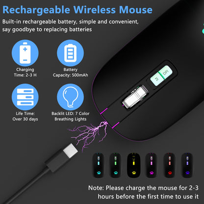 KARFUN Wireless Mouse, Backlit LED Portable Slim Computer Mouse for Laptop, PC, Computer, MacBook, iPad, Chromebook, Notebook, 2.4G Rechargeable Wireless Mouse (Black) (Black-Transparent Nose)