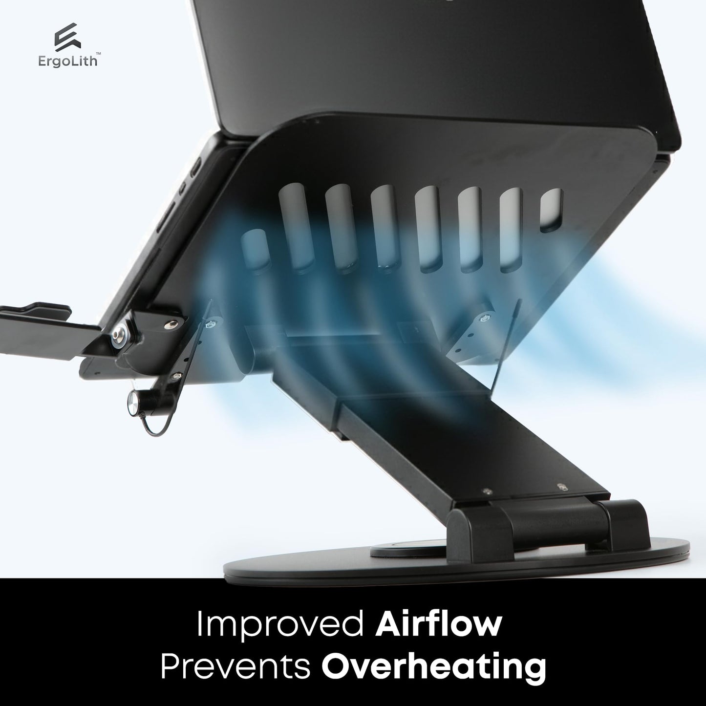 ErgoLith 3-in-1 Adjustable Laptop Stand, Book Stand, and Phone Holder - 360° Rotating Display for All Laptops - 2–21" Height for Ergonomics - Office Desk Accessories - Stylish - Patented - Sky Black