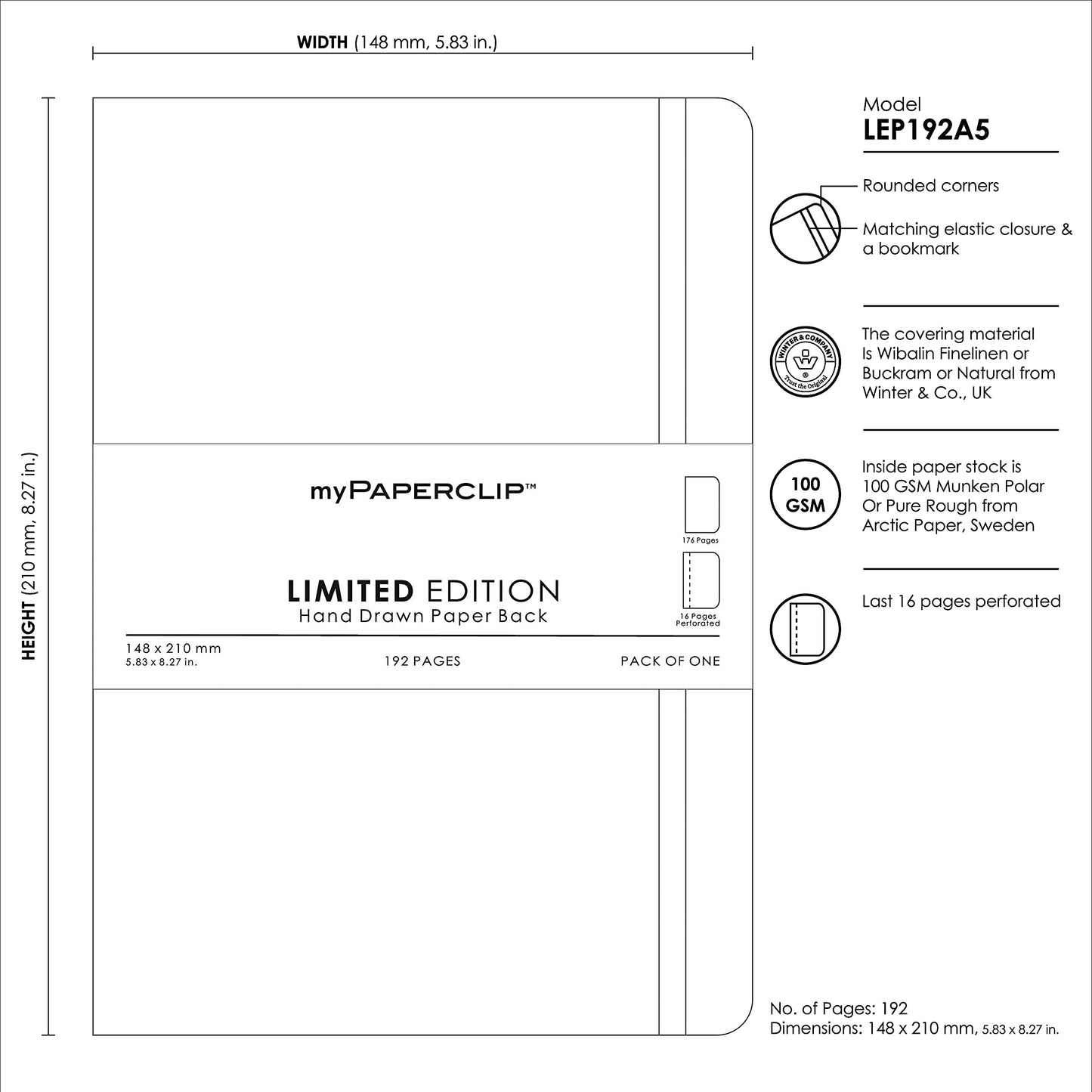 myPAPERCLIP Limited Edition A5 Plain Notebook | 192 Pages, 100 GSM, Soft Cover, A5 (5.83 × 8.27 in) | Flat Lay | Bookmark & Elastic Closure | Ruby