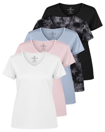 Real Essentials 5 Pack: Women's Dry-Fit Short Sleeve V Neck T Shirt Workout Fitness Yoga Top Tee, Set 16, L