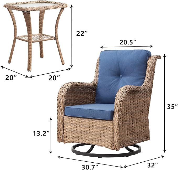 Rilyson Patio Chairs Rocking Swivel Chiar - 3 Piece Outdoor Wicker Patio Bistro Set Rattan Rocker Glider Chairs with High Back and Deep Seating for Outside Porch Deck Garden(Yellow/Blue)