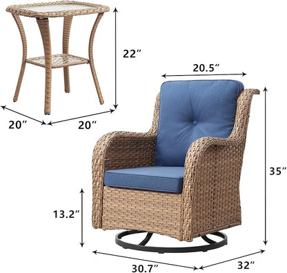 Rilyson Patio Chairs Rocking Swivel Chiar - 3 Piece Outdoor Wicker Patio Bistro Set Rattan Rocker Glider Chairs with High Back and Deep Seating for Outside Porch Deck Garden(Yellow/Blue)