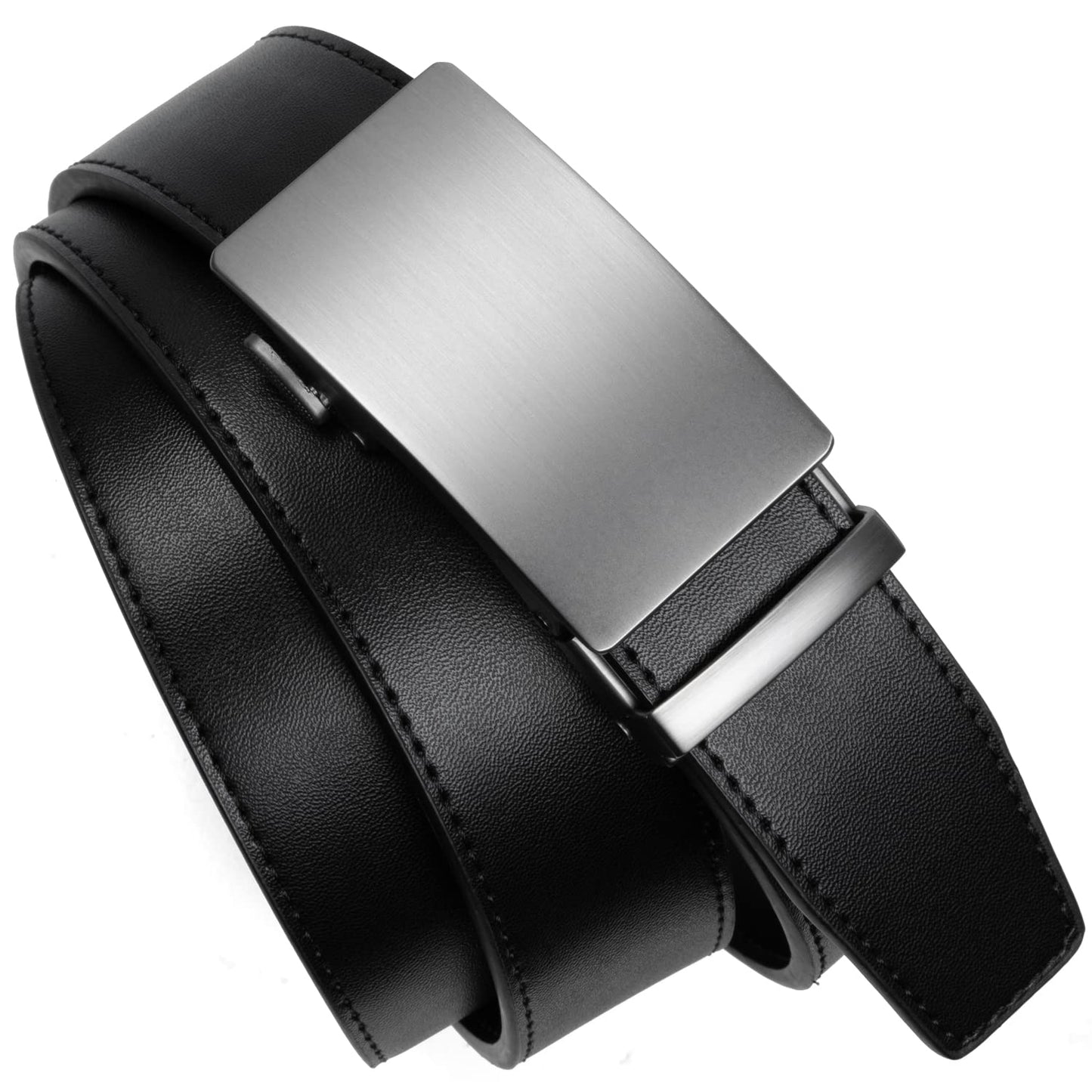 Founders & C Men's Ratchet Belt 1 3/8",Leather Dress Belt Adjustable with Click Sliding Buckle Trim to Exact Fit (Silver Buckle-Black, 28"-42" Waist Adjustable)
