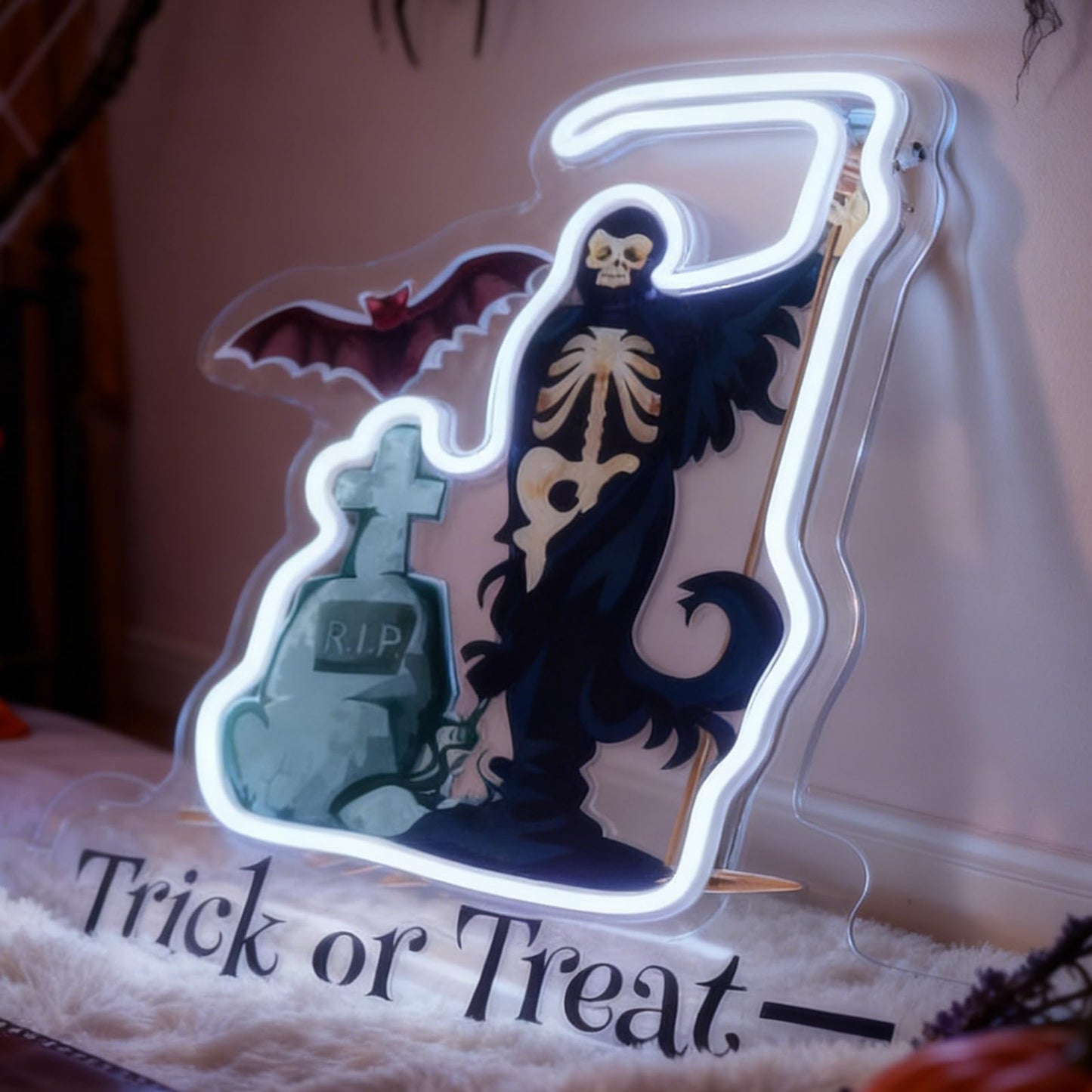 Trick or Treat LED Neon Sign, Home Front Porch Haunted House Horror Themed Party Wall Table Decor, Halloween Light Up Sign, USB Powered Decorative Light 13.8 x 13.8 In