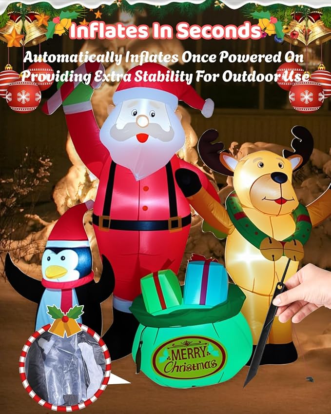 7FT Christmas Inflatables Outdoor Decorations, Blow Up Yard Decorations with Santa Claus Penguins Reindeer and Gift Bag Inflatable with LED Lights for Indoor Outdoor Yard Garden Decor